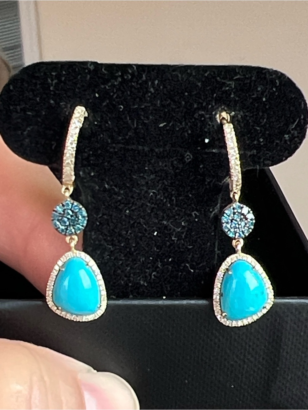 14k Gold Meira T  Earrings with Turquoise Stone and Blue,White Diamond’s